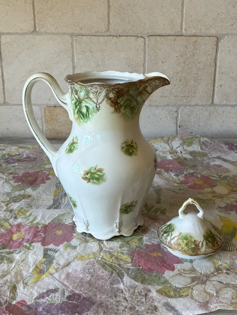 Antique Chocolate Pot Green Floral Gold Trim